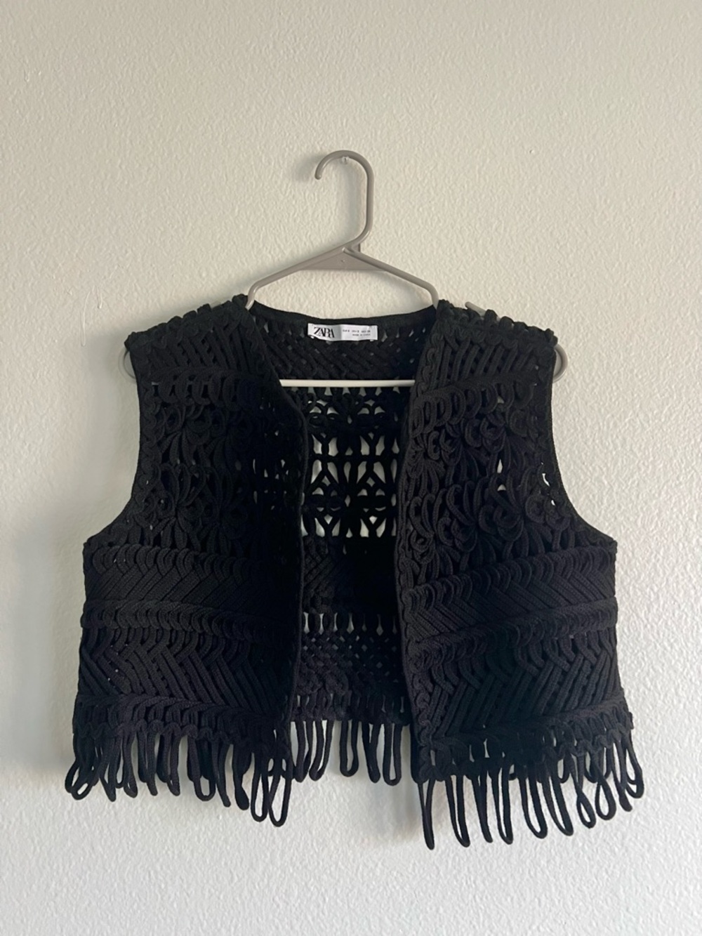 Zara Black Crochet Fringe Open Vest